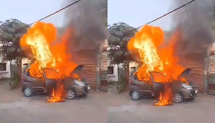 Kanpur Car Fire: Driver Escapes as Flames Erupt in Kakadev Area, Viral Video Shocks Viewers