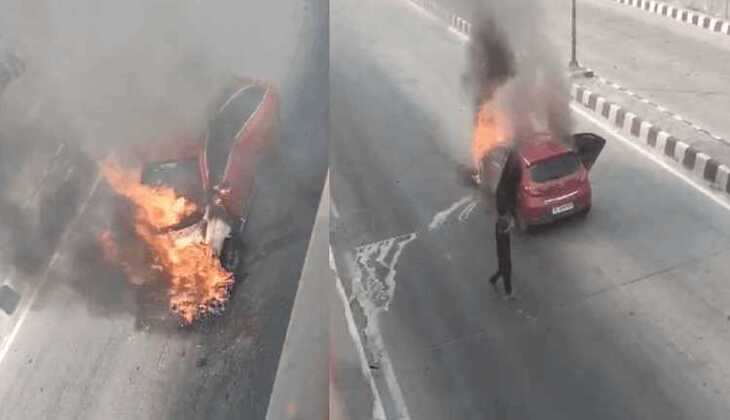 Flaming Surprise: Car Catches Fire Near Dwarka Underpass, Sparks Panic in Delhi!